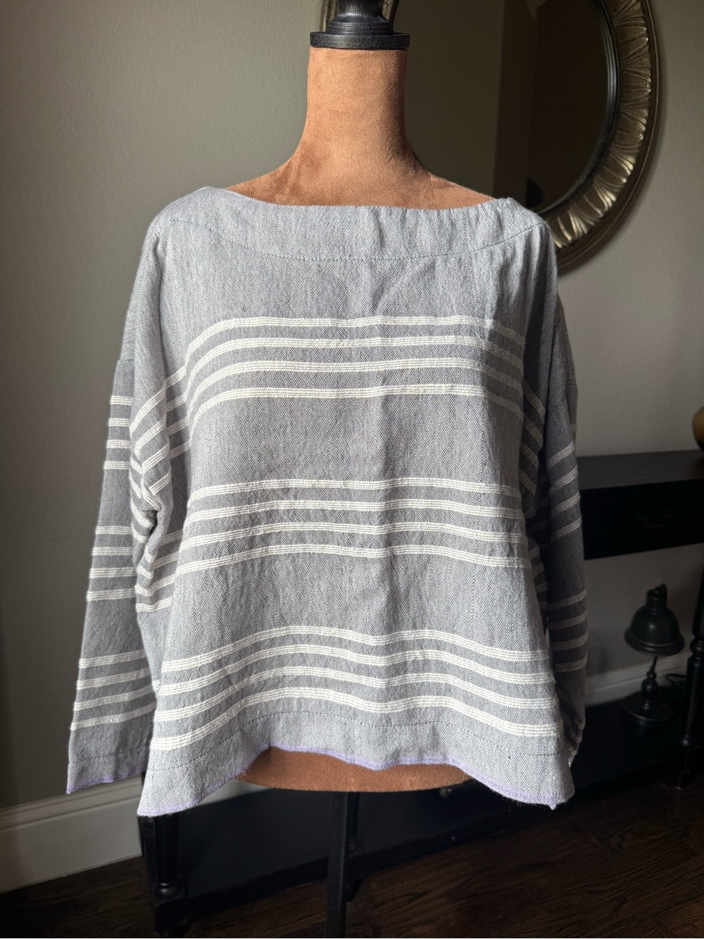 Lemlem NWOT Gray White Purple Striped Boatneck Tunic | Soft Merino Wool Medium